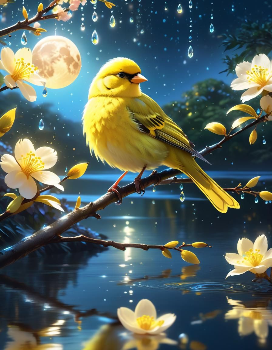 Luminous Canary Among Blossoms, Digital Art