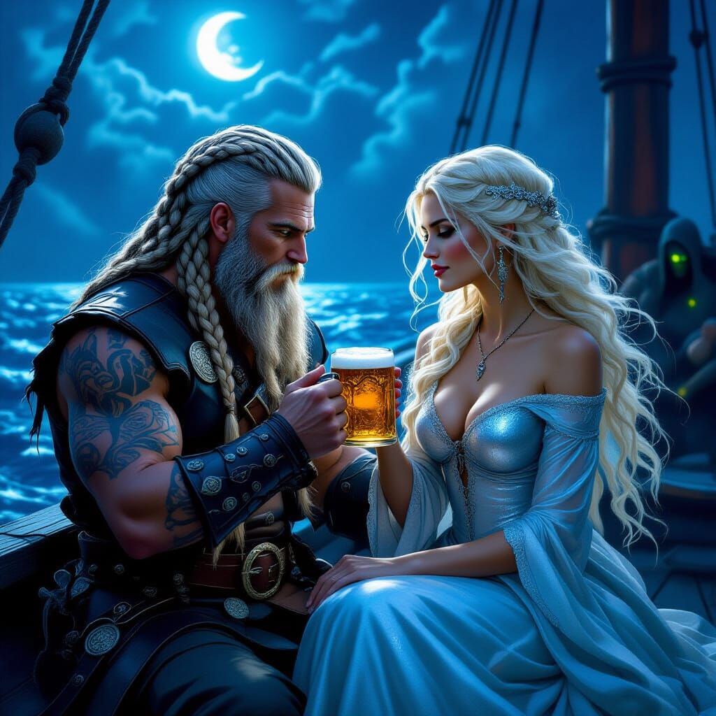 Viking and Woman on Ghost Ship at Night