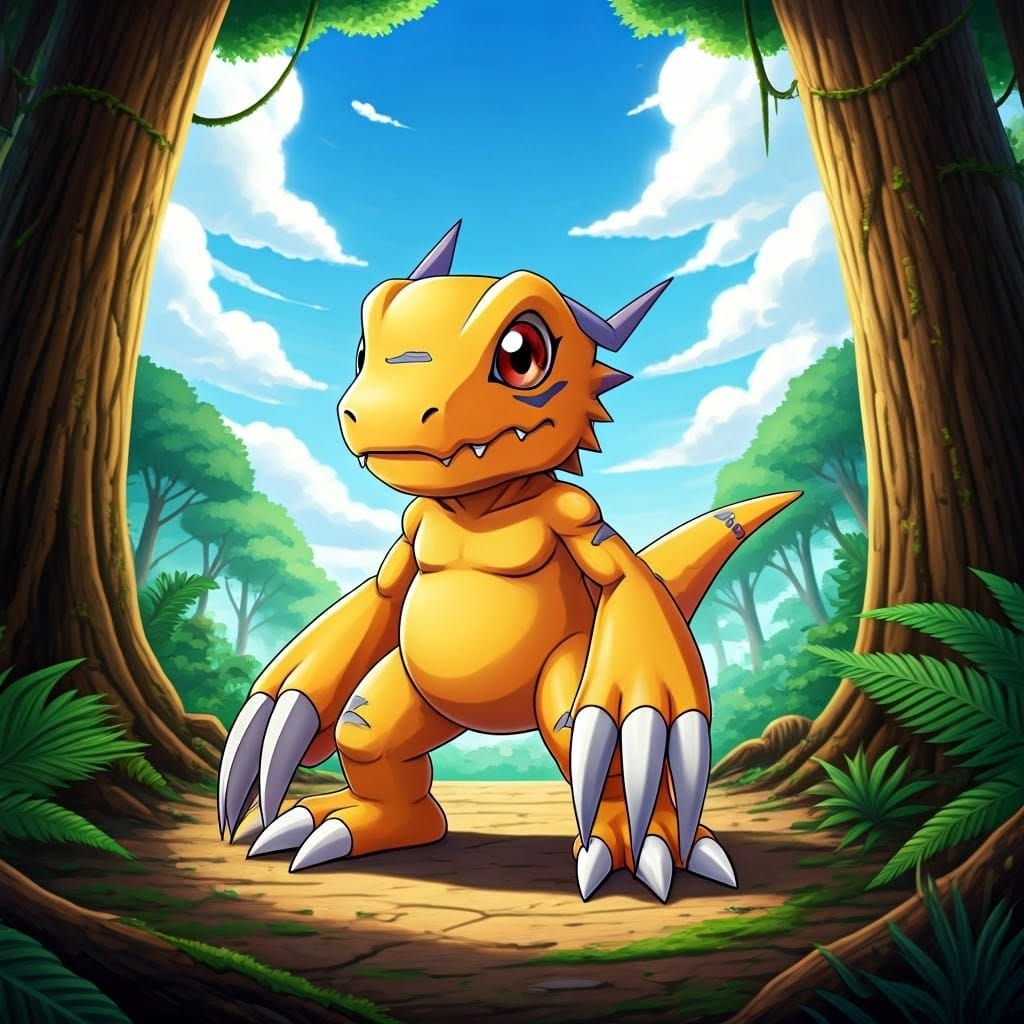 Vibrant Orange Agumon in Nostalgic Prehistoric Forest