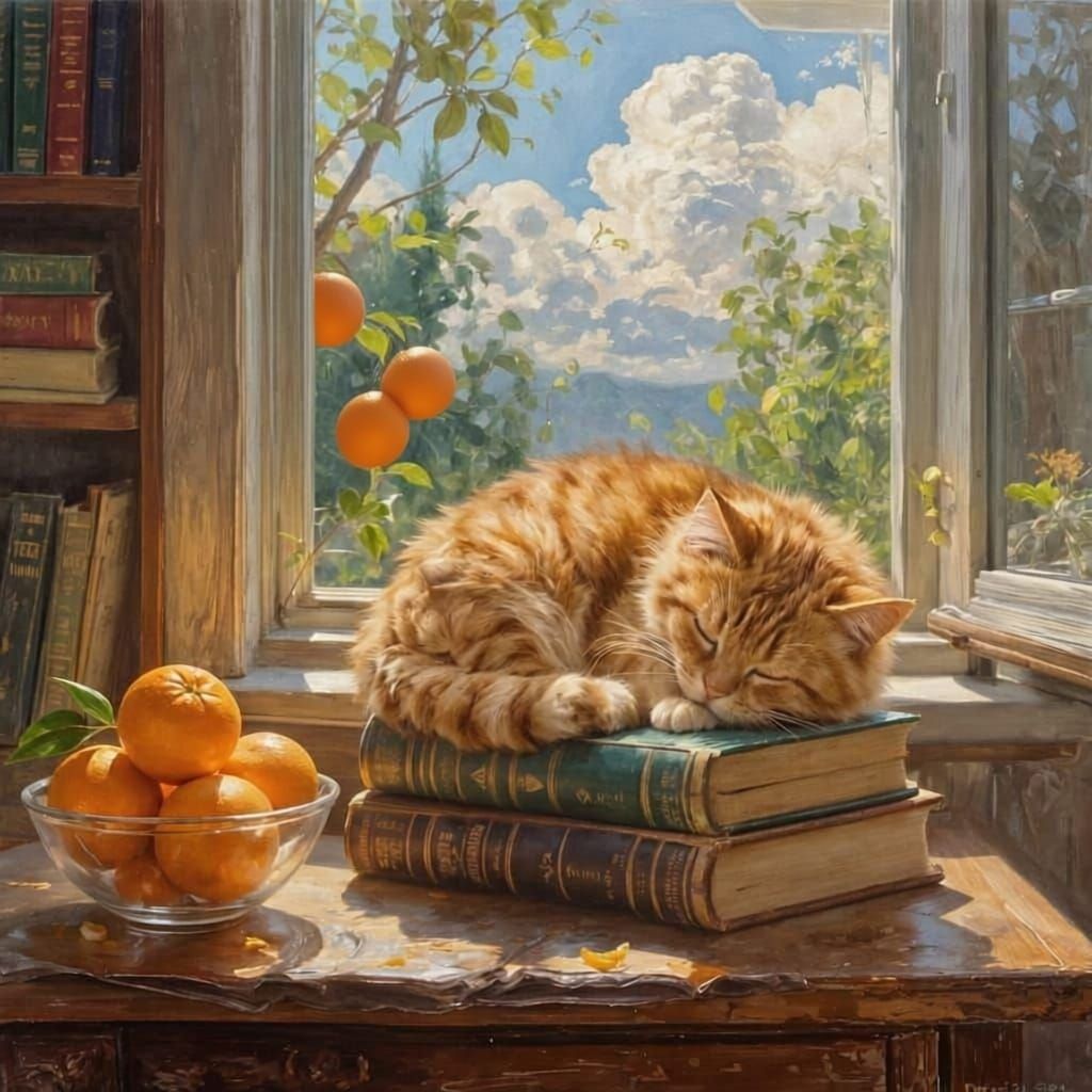 Cozy Library Cat Napping on Books in Sunlit Nook