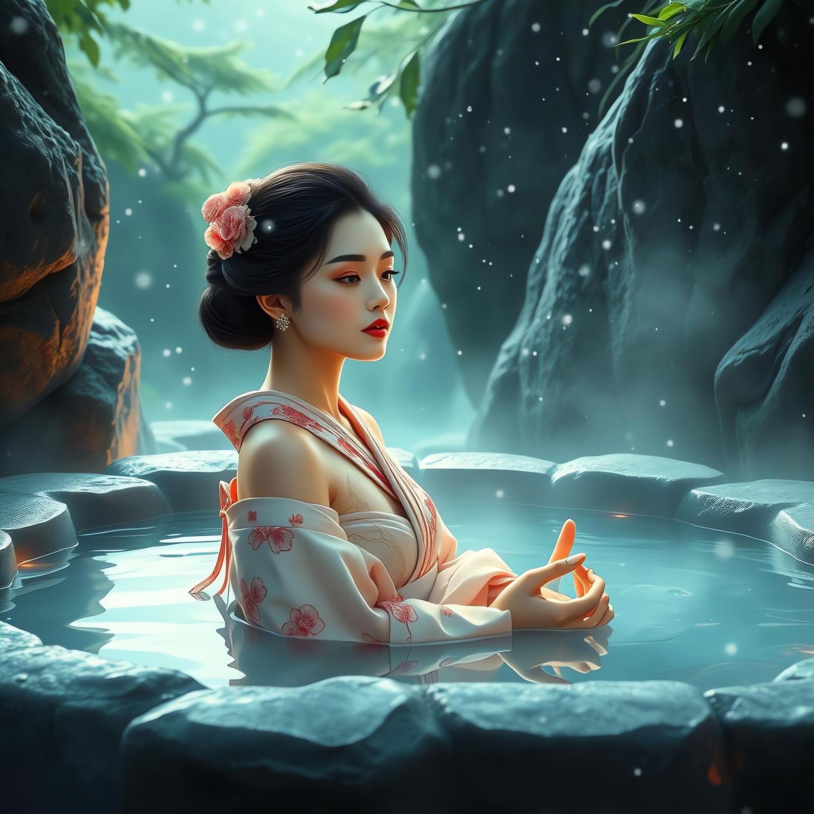 Japanese Princess Bathing in Mountain Hot Springs