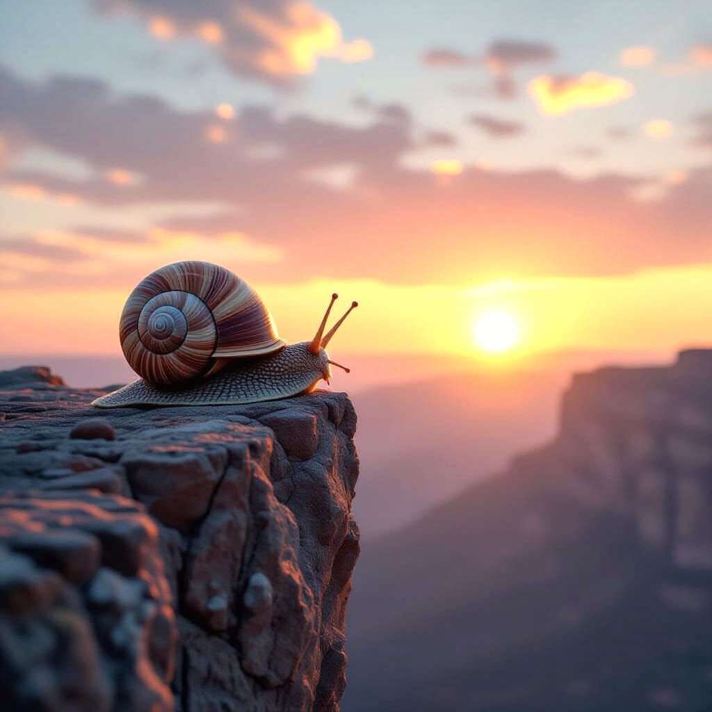 Snail Gazes at Sunrise From Cliff Edge