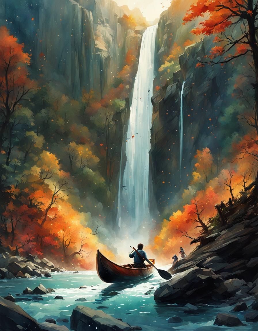 Canoe Plunges Waterfall: Watercolor Space Art