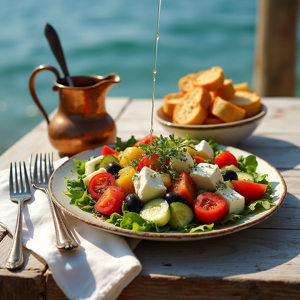 Sunlit Aegean Greek Salad on Weathered Wooden Table