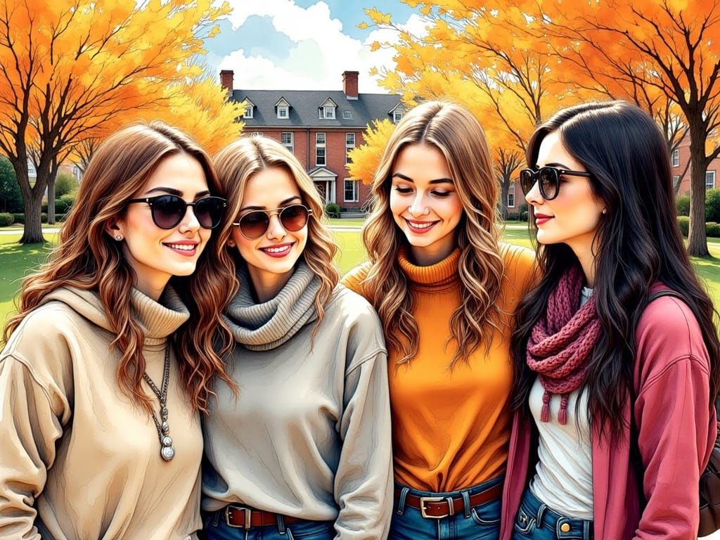 Four Friends Outside Dorm in Vibrant Ink Hyperrealism