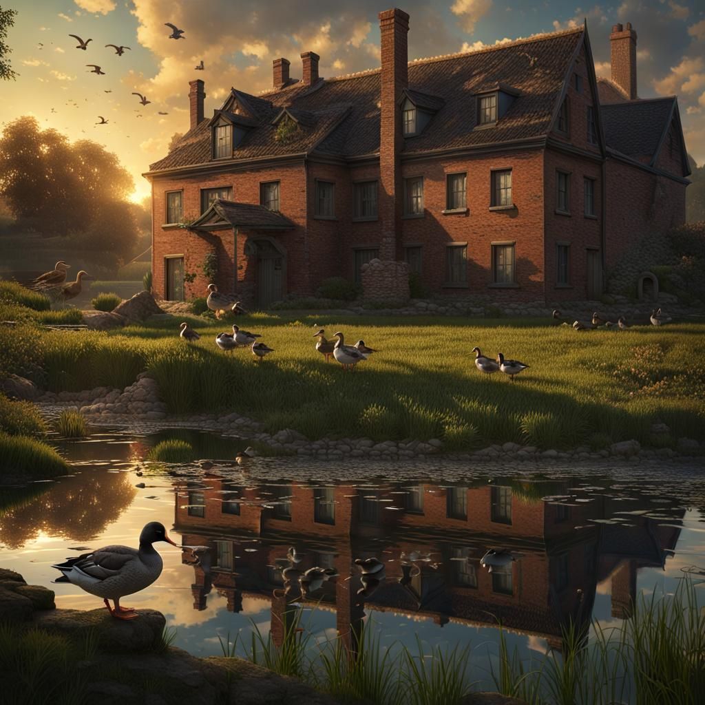 Rural Fantasy Duck Pond with Farmhouse in Art Nouveau Style