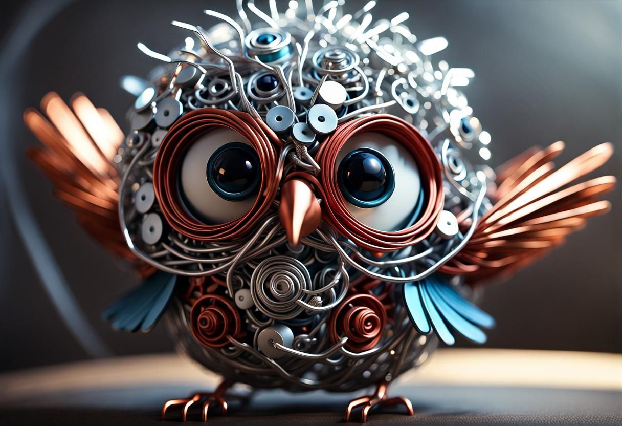 Intricate Metal Wire Bird Sculpture in Cyberpunk Style