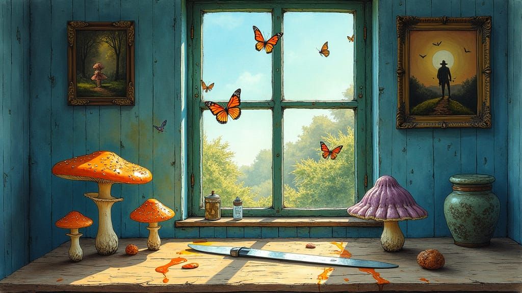 Mysterious Figure Lurking Outside Window in Gouache Style