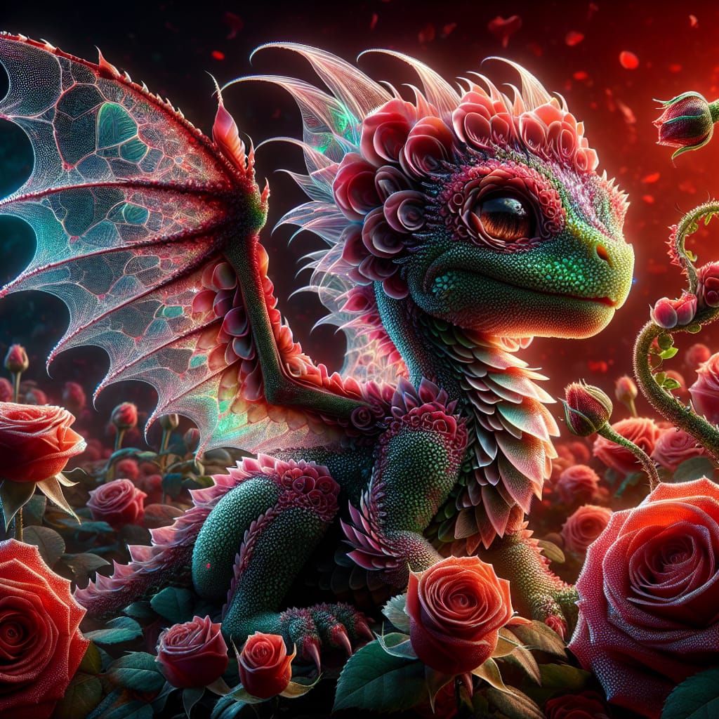 Rose Petal Dragon Among Roses in Ultra Detail