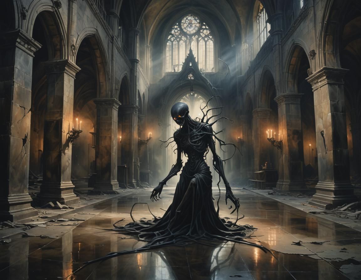 Eerie Creature in Cathedral: Dark Surrealism