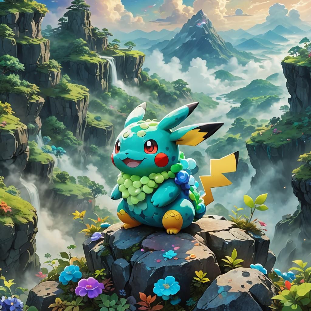 Pokémon 888 in a Takashi Murakami Inspired Landscape