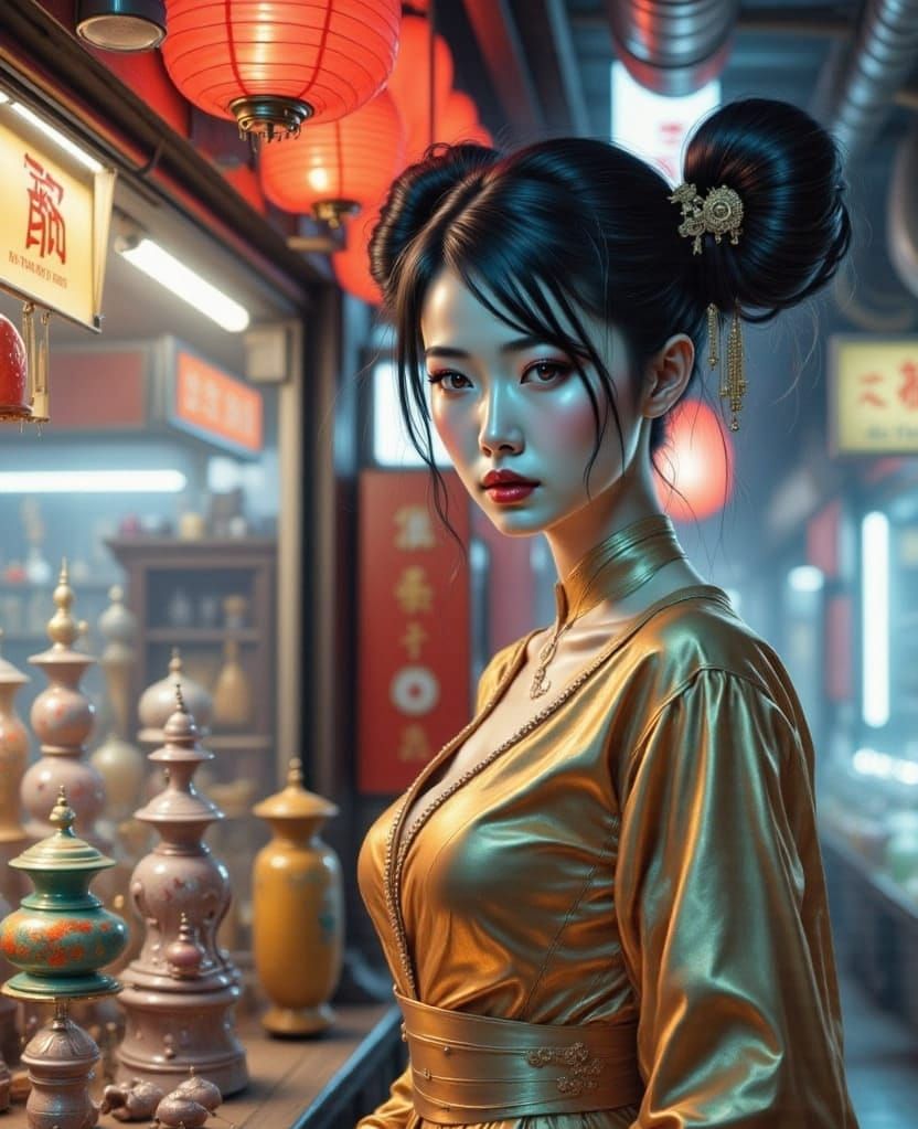 Asian Woman in Futuristic Taiwan Market