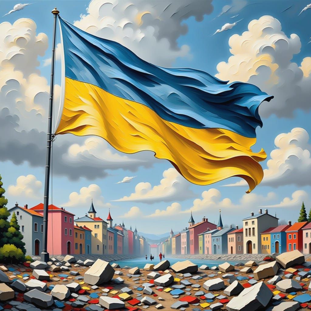 Ukrainian Flag Waves Over War-Torn City in a Vibrant Impasto...