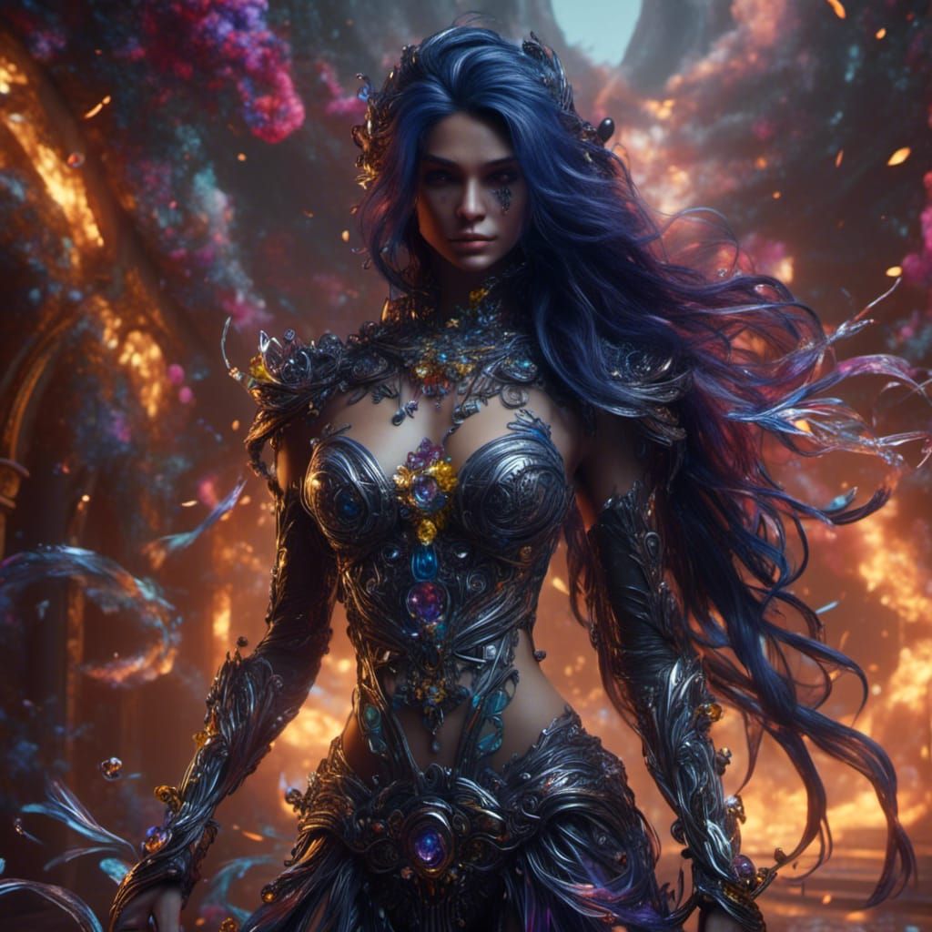 Sensual Female Assassin with Long Black and Blue Hair