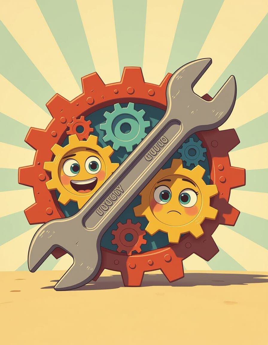 Cartoon Wrench Trapped in Gears, Pixar Style
