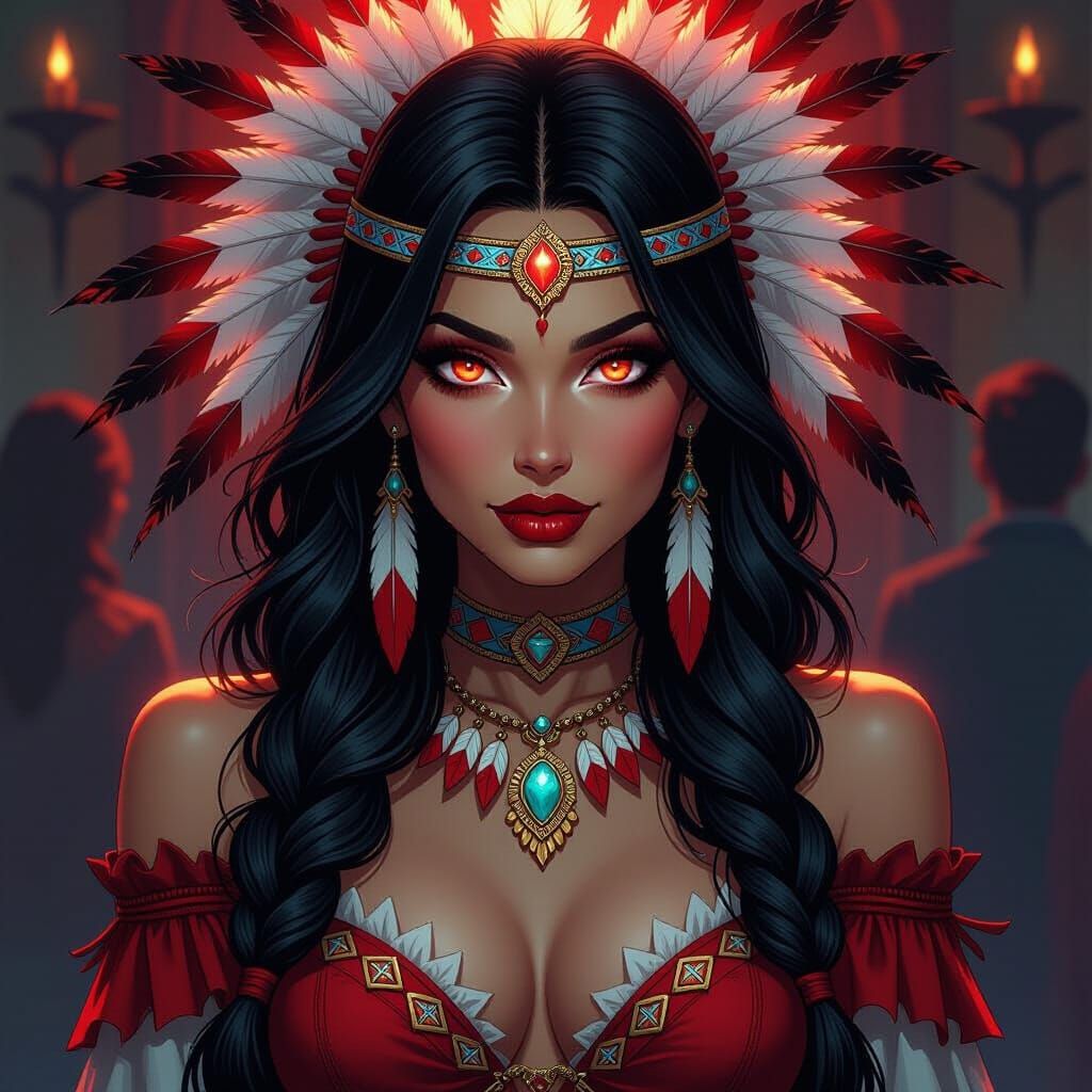 Vampire Woman in Native American Disguise at Halloween Party