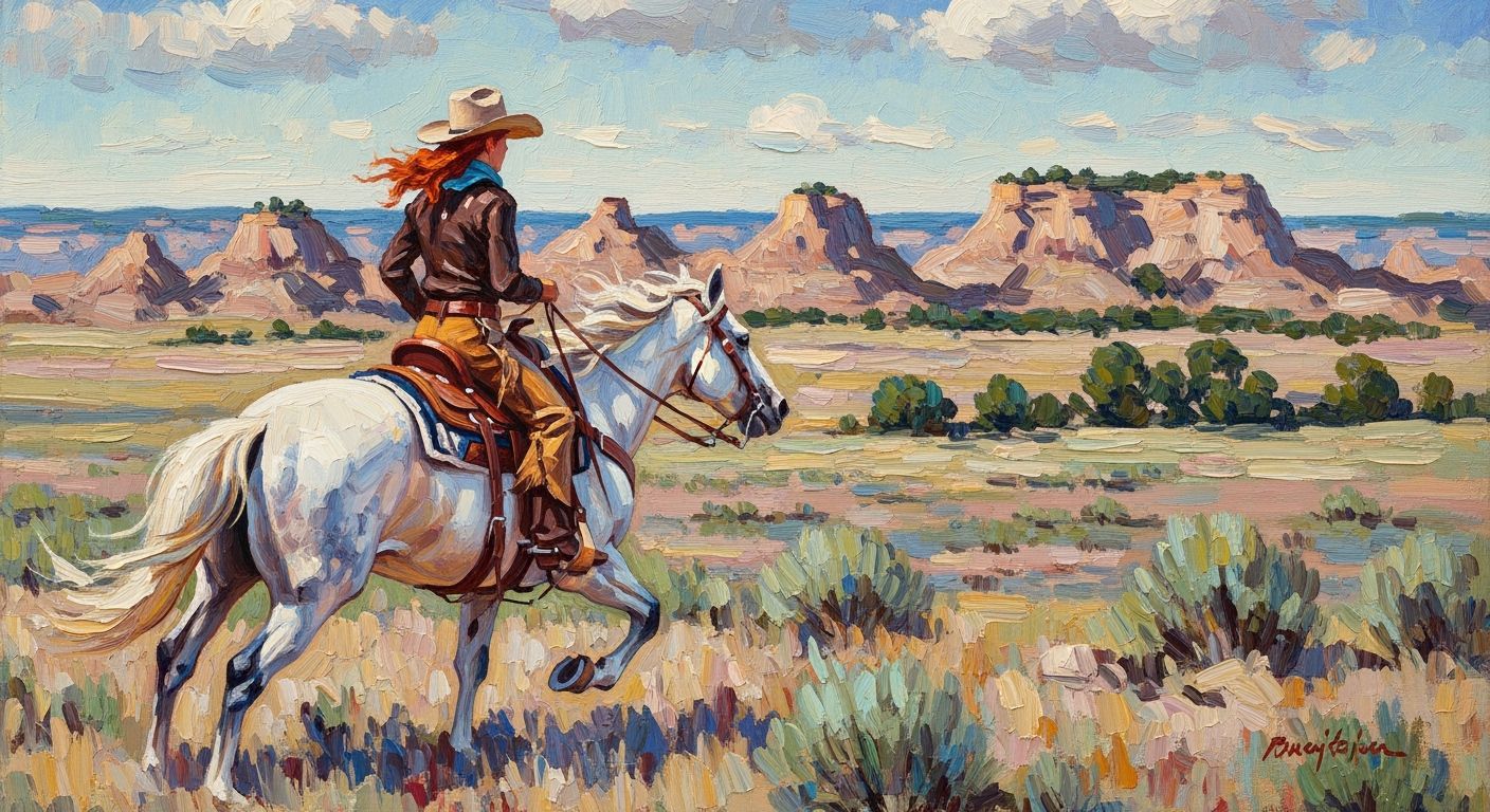 Red-Haired Cowgirl on Horseback in Badlands Oil Painting