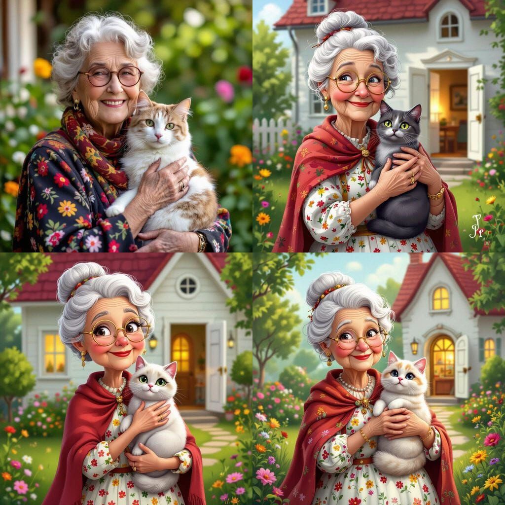 Whimsical Old Woman Holding Pearl Cat in Garden