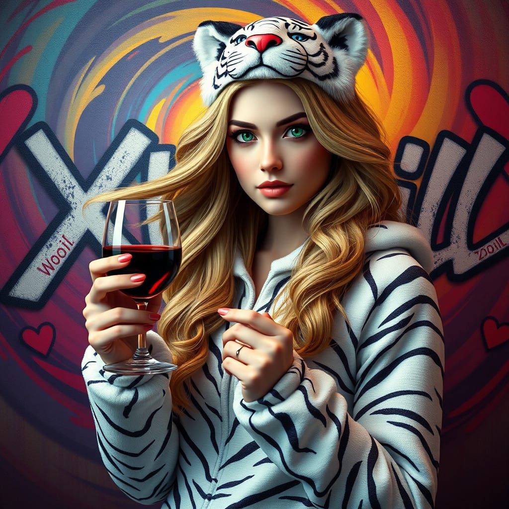 Ethereal Woman Cosplays White Tiger, Savoring Wine in Whimsi...