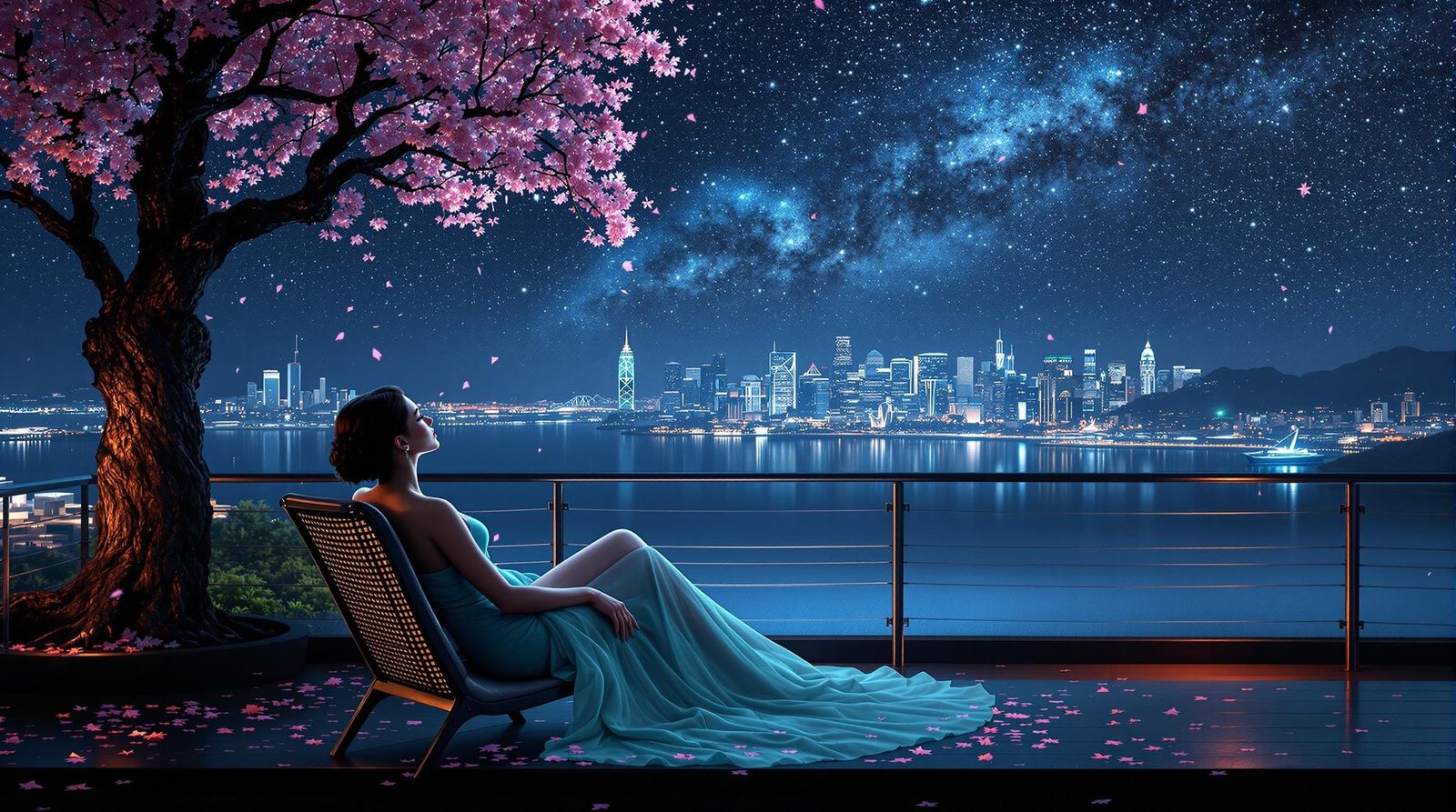 Ethereal Cyberpunk Beauty in Starlit Harbor