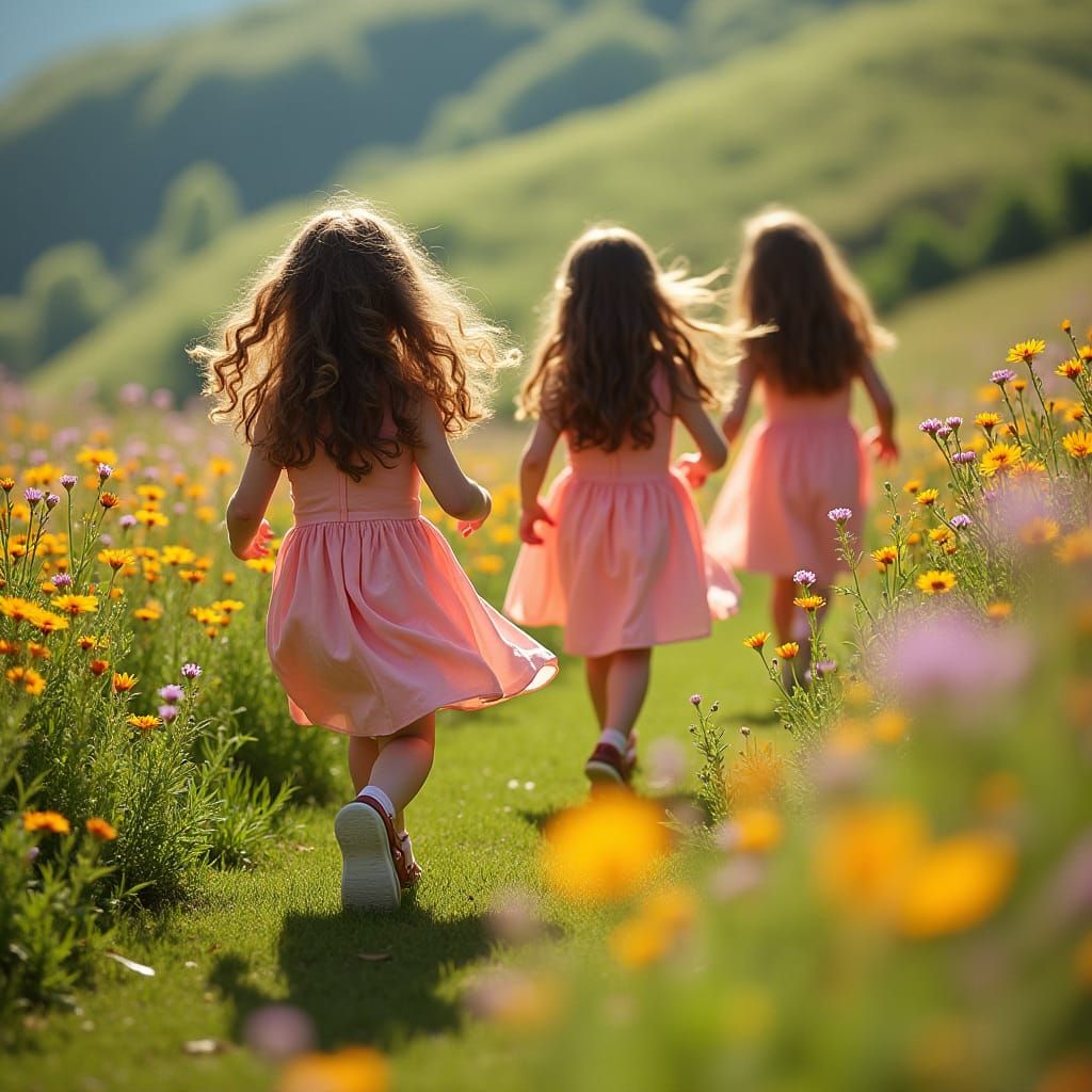 Girls in Pink Dresses Run Through Wildflowers