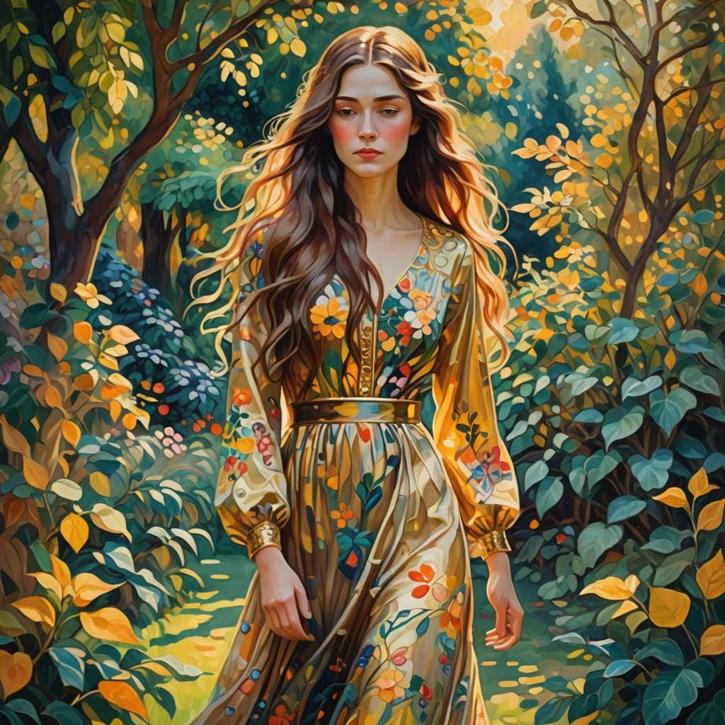 Woman in Garden: Vibrant Oil Painting Inspired by Klimt