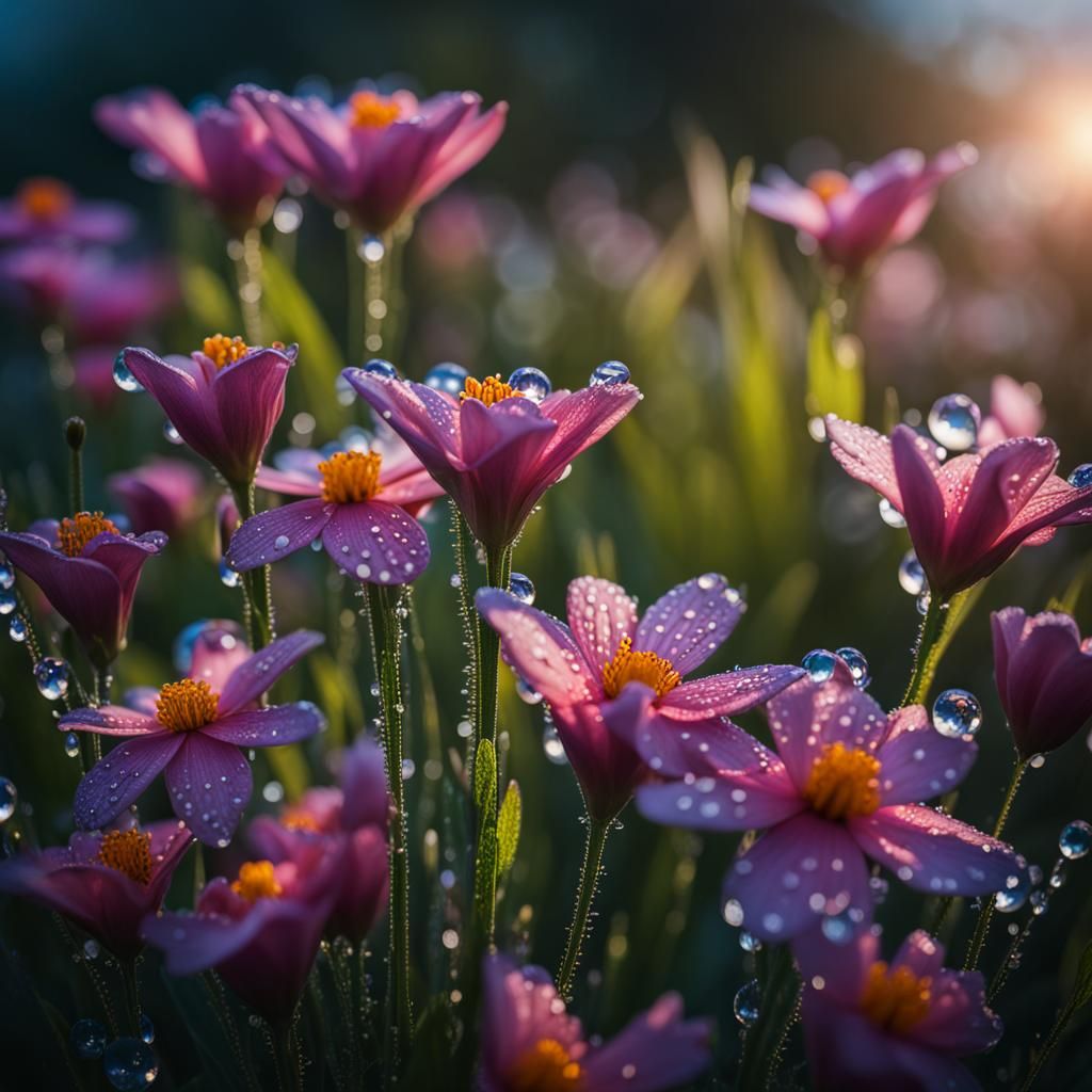 Dew Drops on Spring Flowers in Hyperrealism