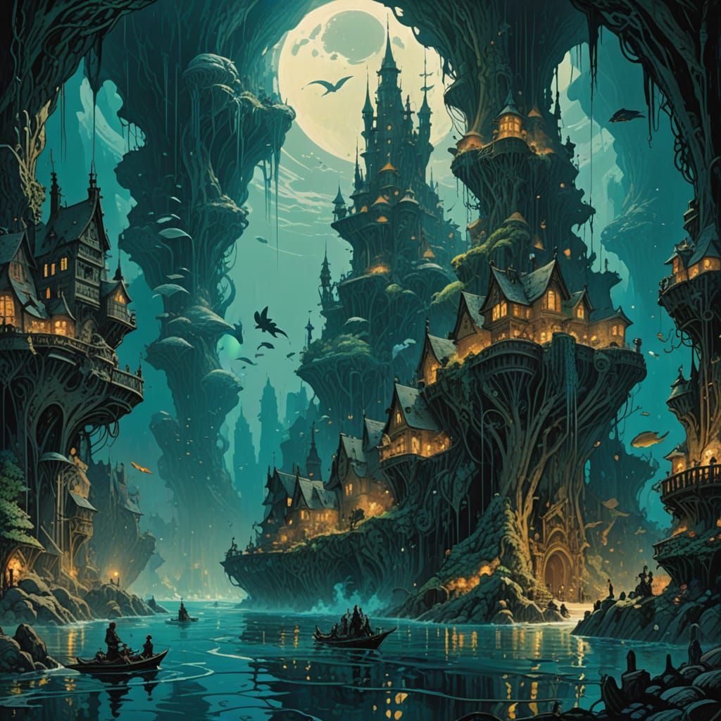 Luminous Mermaid Cityscape in Arthur Rackham Style