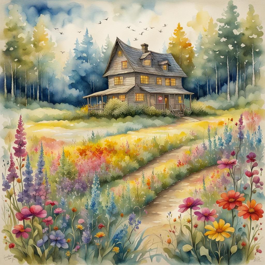 Wildflower Field Illustration on Parchment Paper