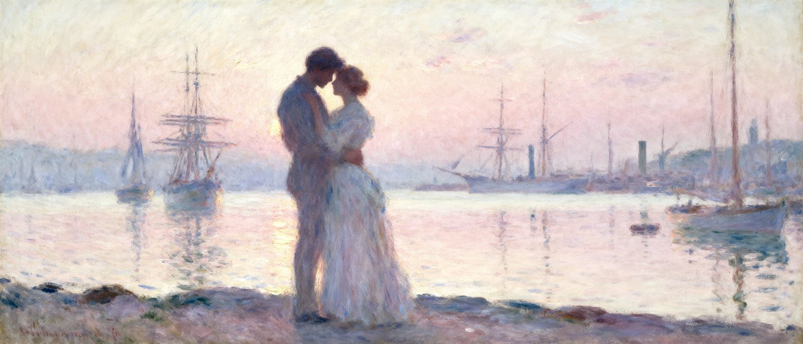 Romantic Couple Embracing in Harbor Dawn Oil Painting