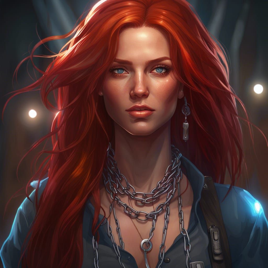 Red-Haired Woman with Chains: Hyperdetailed Portrait