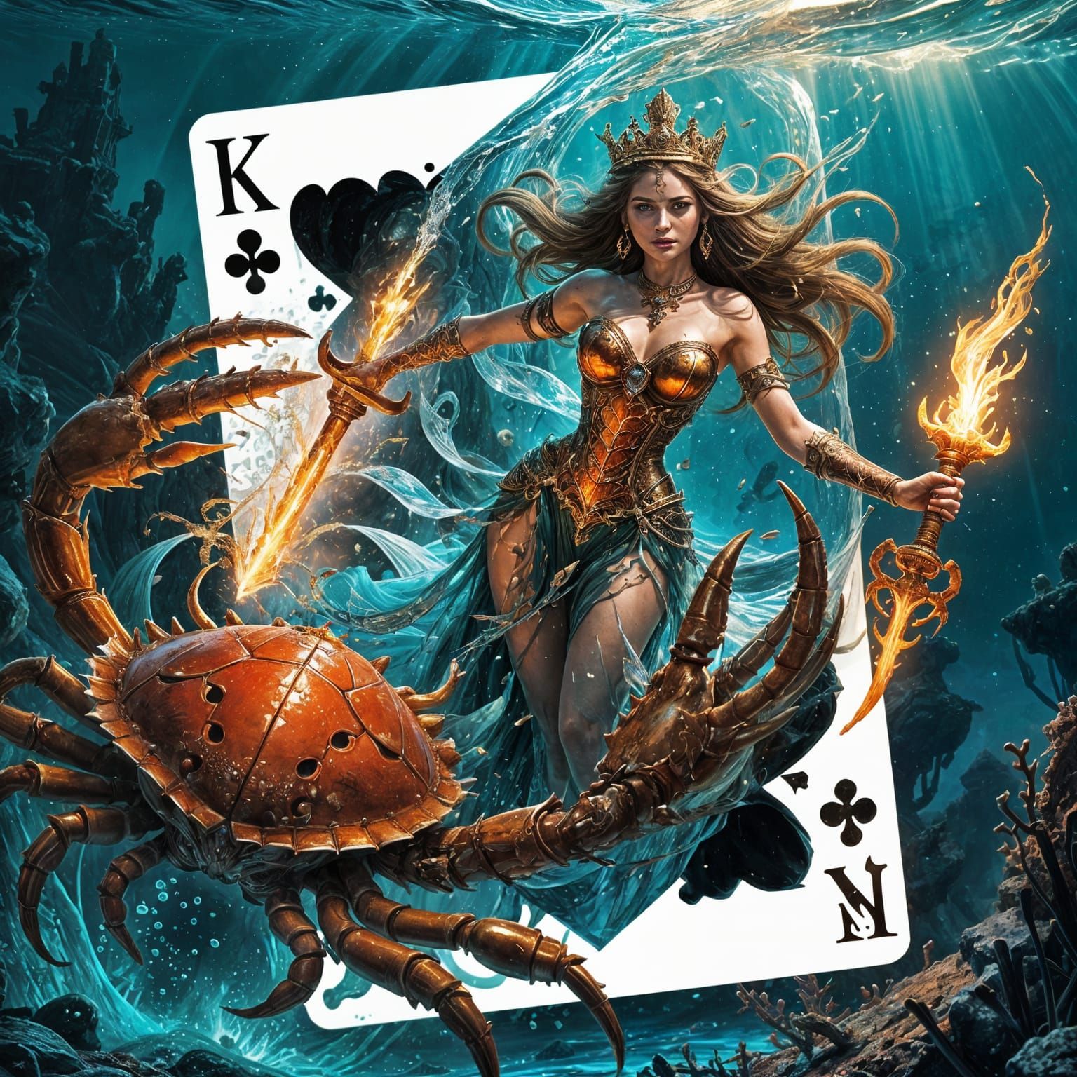 Fantasy Princess Battles Giant Crab in Sinister Sea