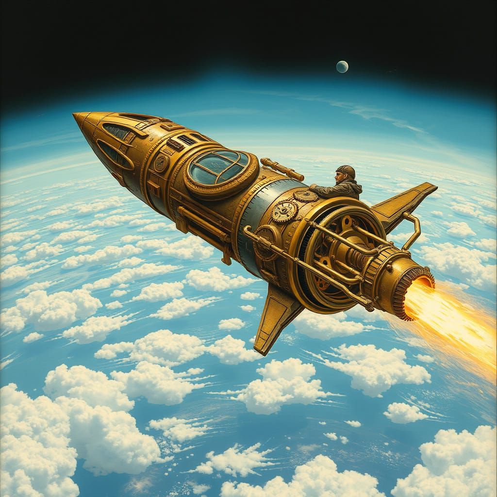 Clockwork Rocketship Ascends from Blue Planet