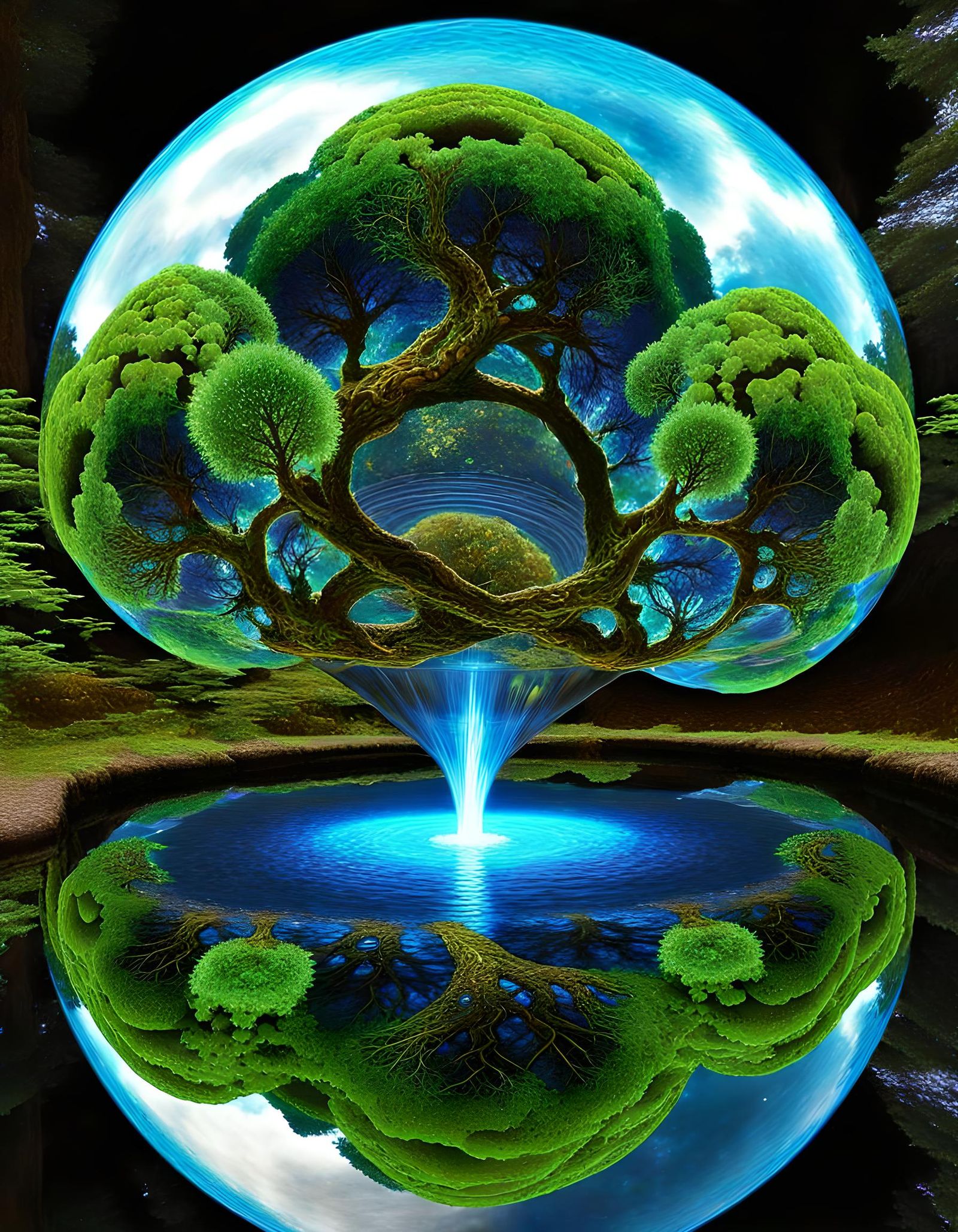 Surreal Brain Forest Fountain in Nebulagami Style