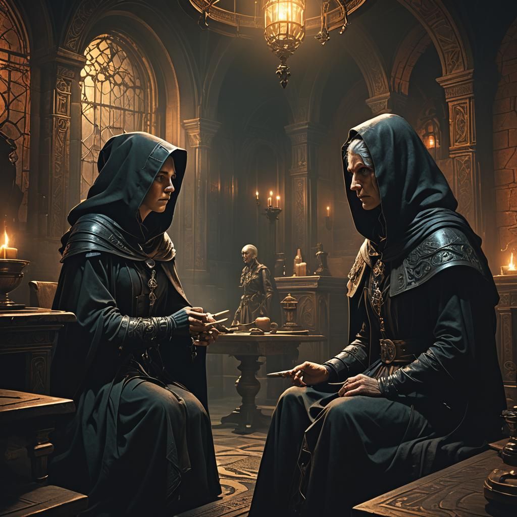 Inquisitor Interrogates Witch: Dark Fantasy Art