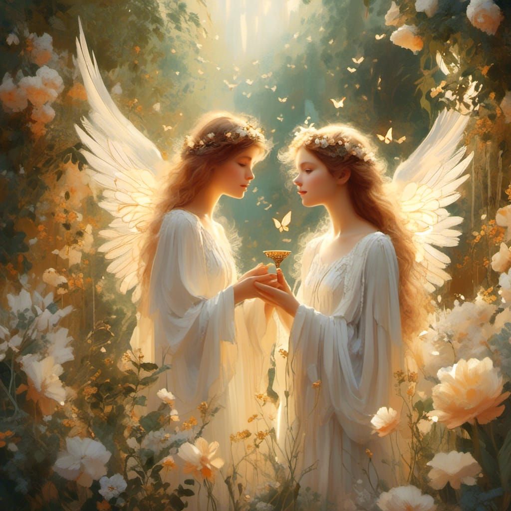 Angels Offering Gifts in a Divine Garden