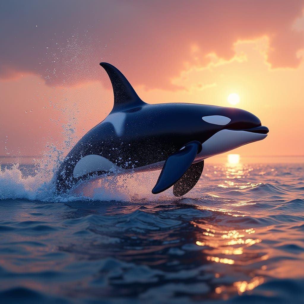 Majestic Orca Breaches Sunset Ocean in Hyperrealistic 8K