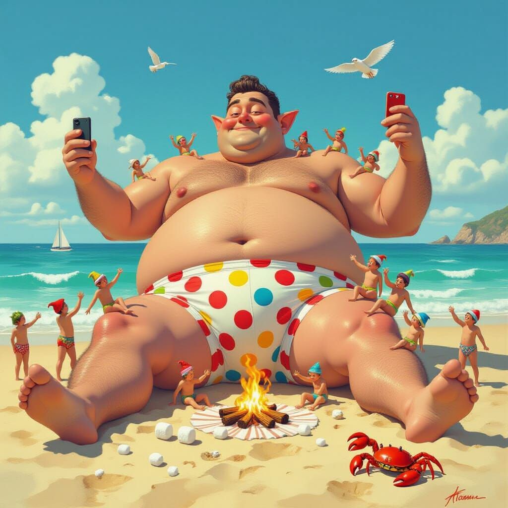 Giant Man on Beach Bound by Tiny People in Cartoon Style