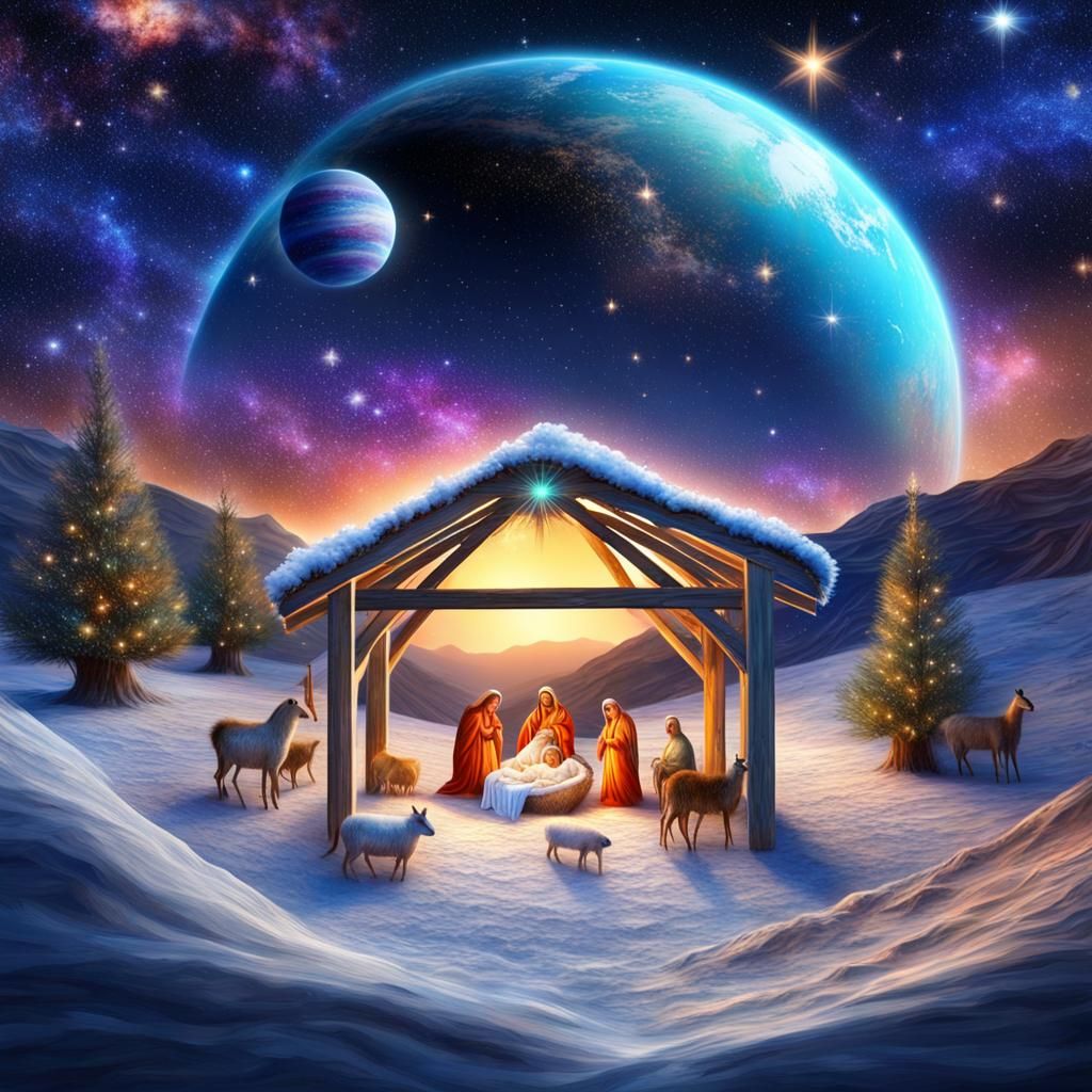 Cosmic Christmas Nativity Scene in Earth Planet