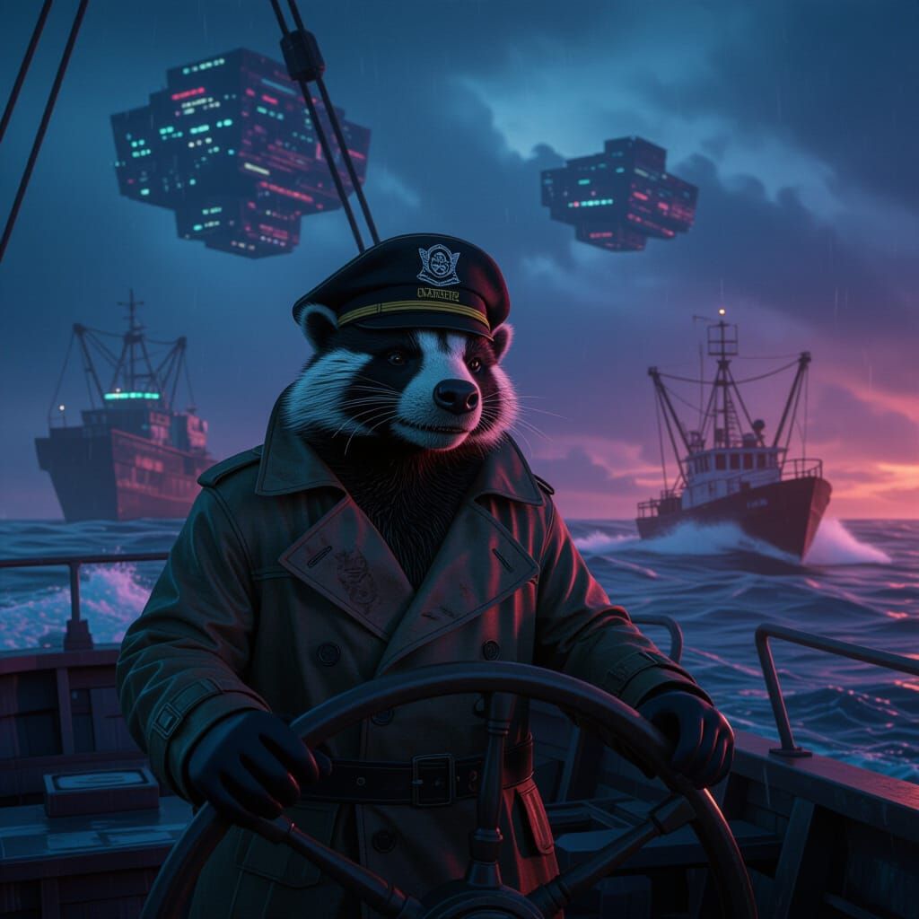 Badger Captain at Helm of Futuristic Trawler
