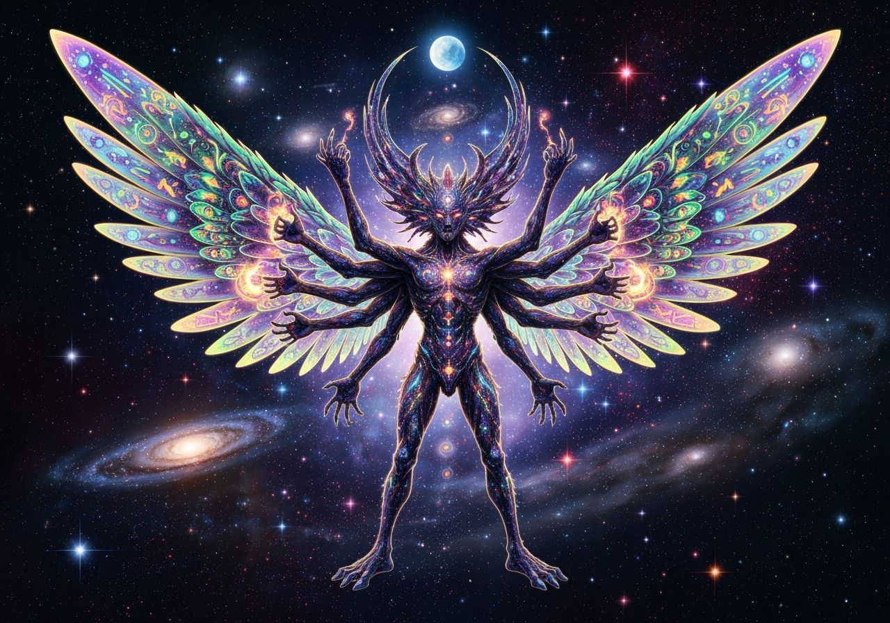 Winged Cosmic Golem in Astral Holographic Illustration
