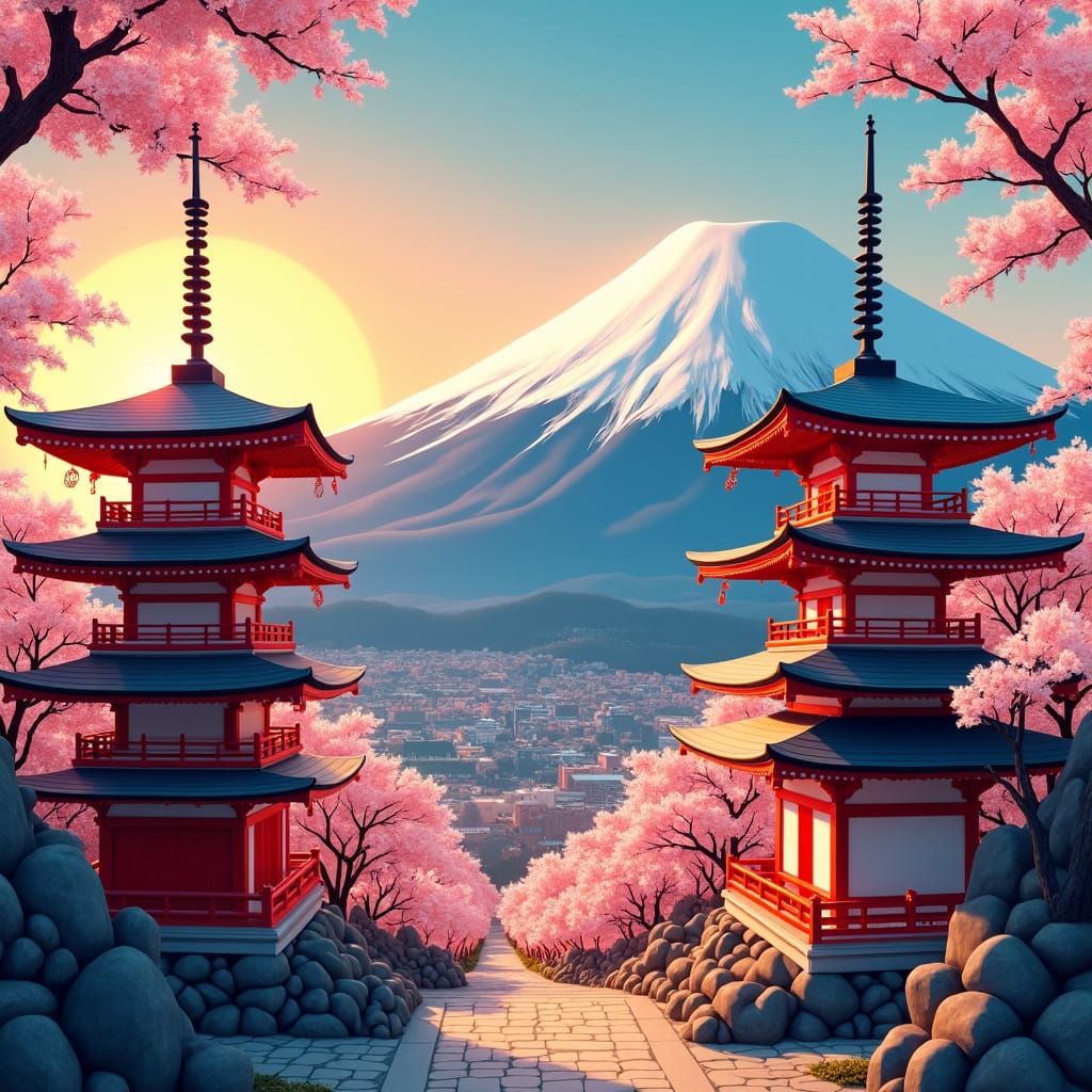 Japanese Pagodas and Mount Fuji in Ukiyo-e Style