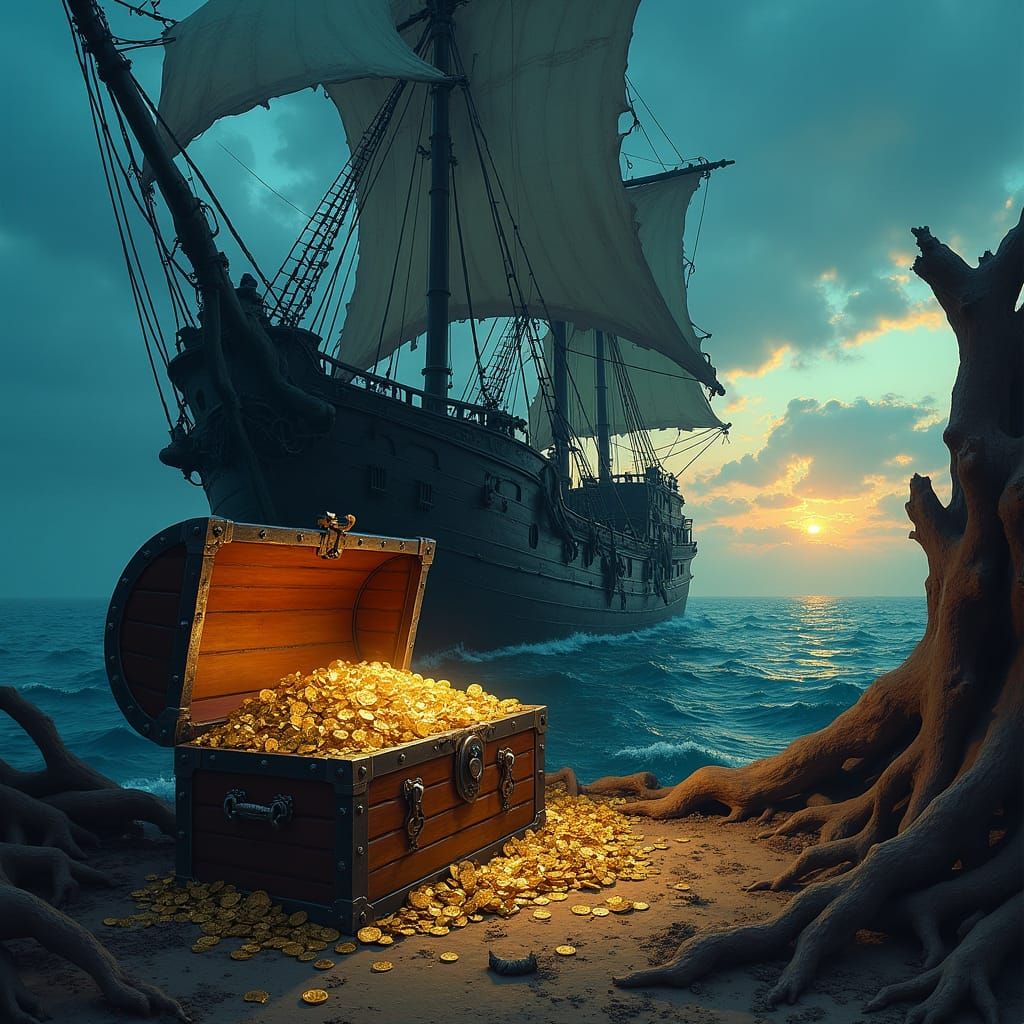 Pirate Ship Treasure at Dusk