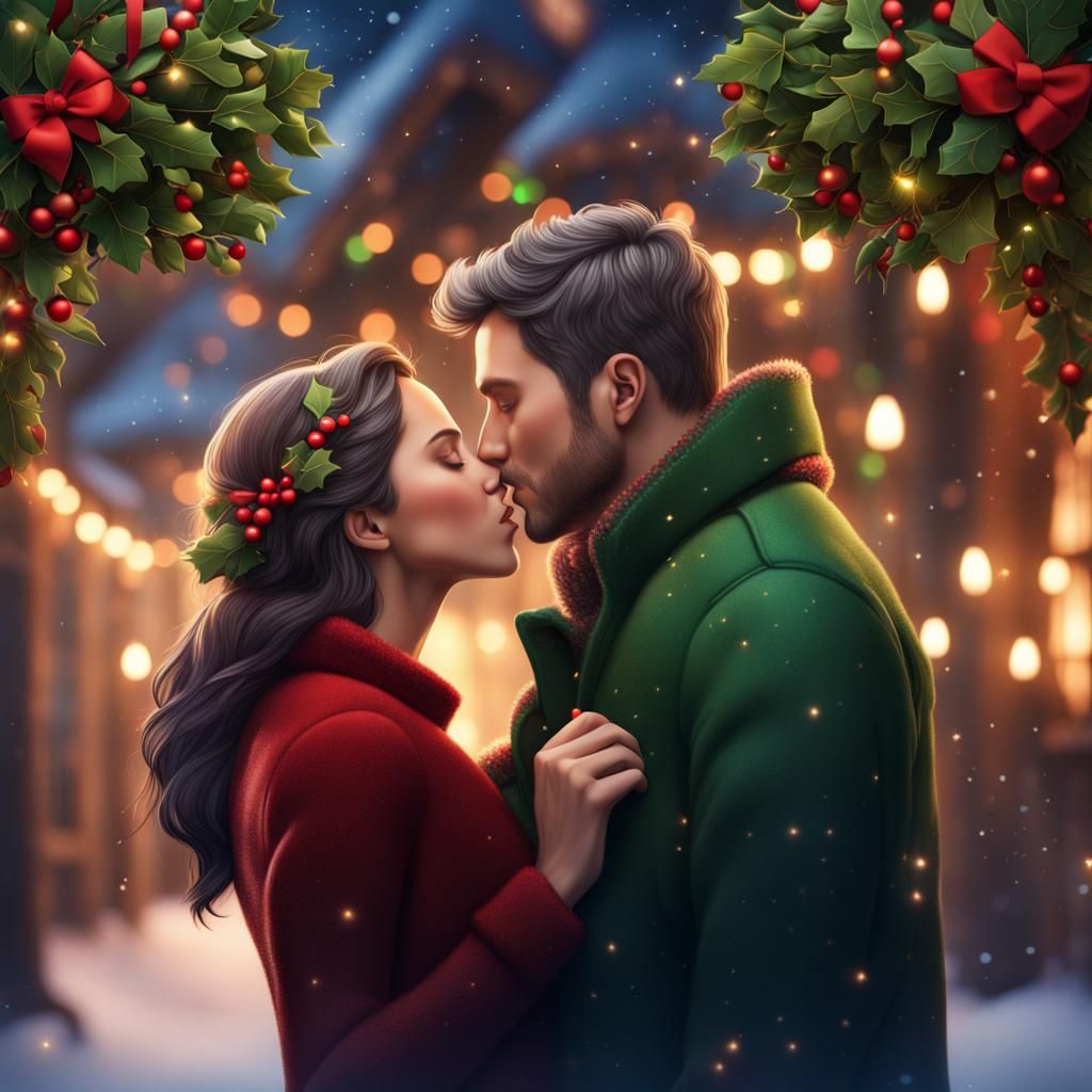 Romantic Couple Kissing Under Mistletoe