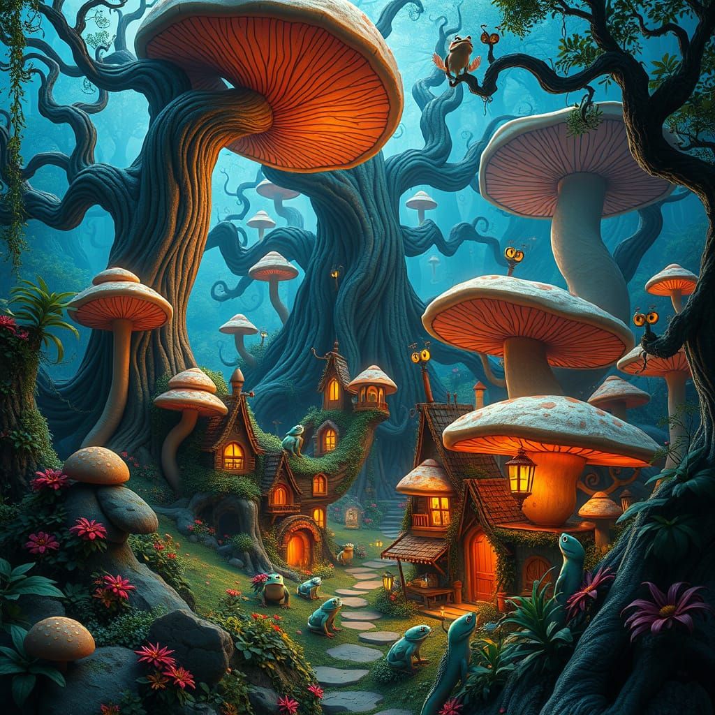 Whimsical Forest Village of Glowing Mushrooms and Frogs
