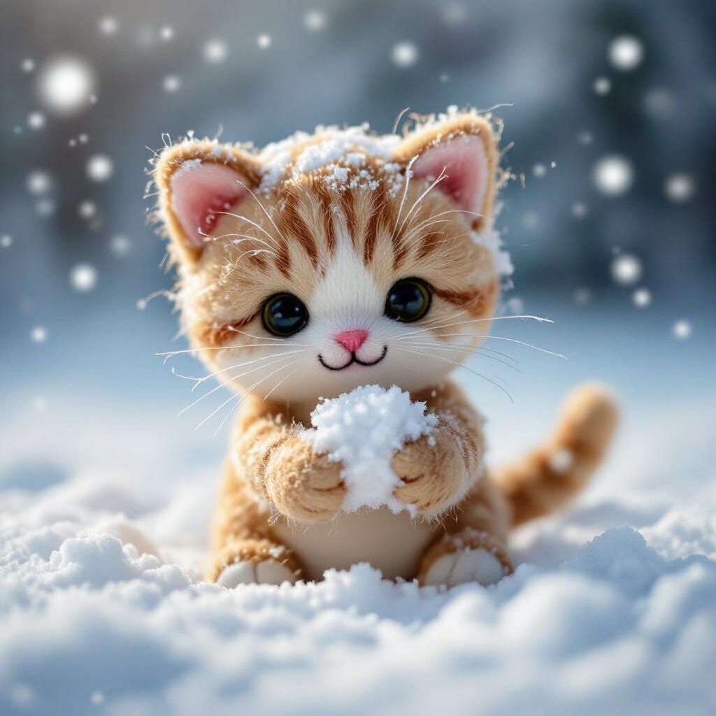 Macro Felt Kitty Plays in Snowy Felt Landscape