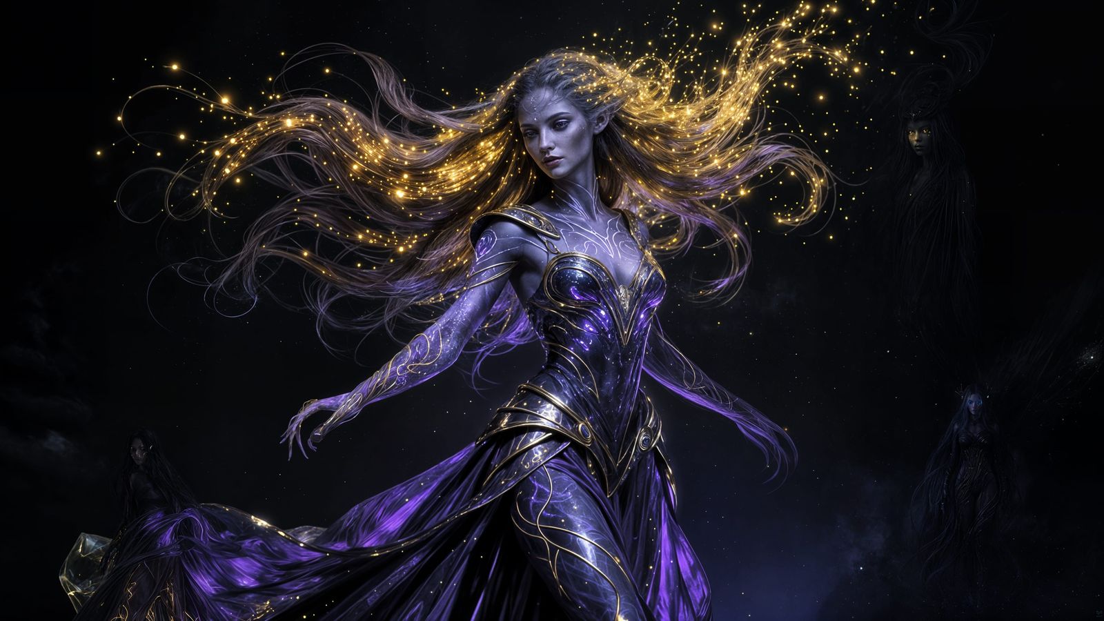 Alien Princess with Glowing Gold Hair in Dark Fantasy Style