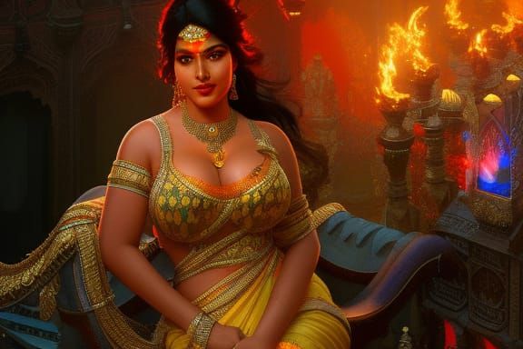 Curvy Indian Woman with Black Hair, Hyperdetailed Art