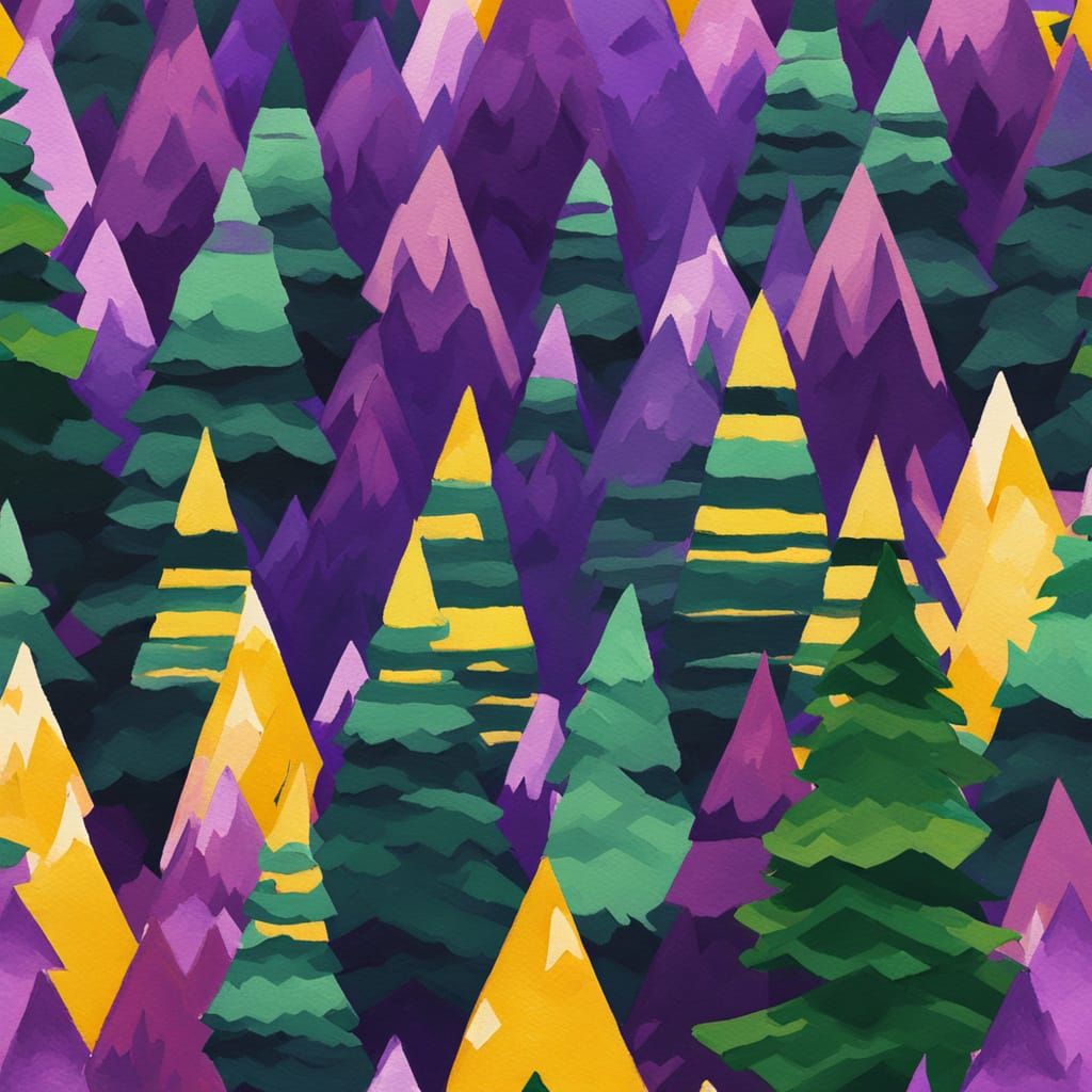 Gouache Evergreen Forest with Amethyst, Impressionist Style