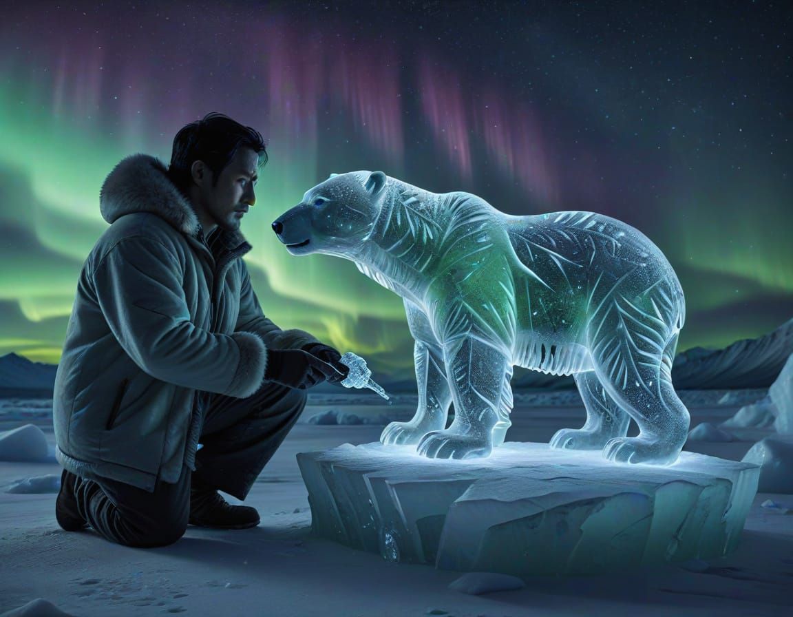 Inuit Artist Carves Polar Bear Under Aurora Borealis